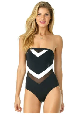 Anne Cole Color Block Mesh Chevron Spliced Bandeau Swimsuit