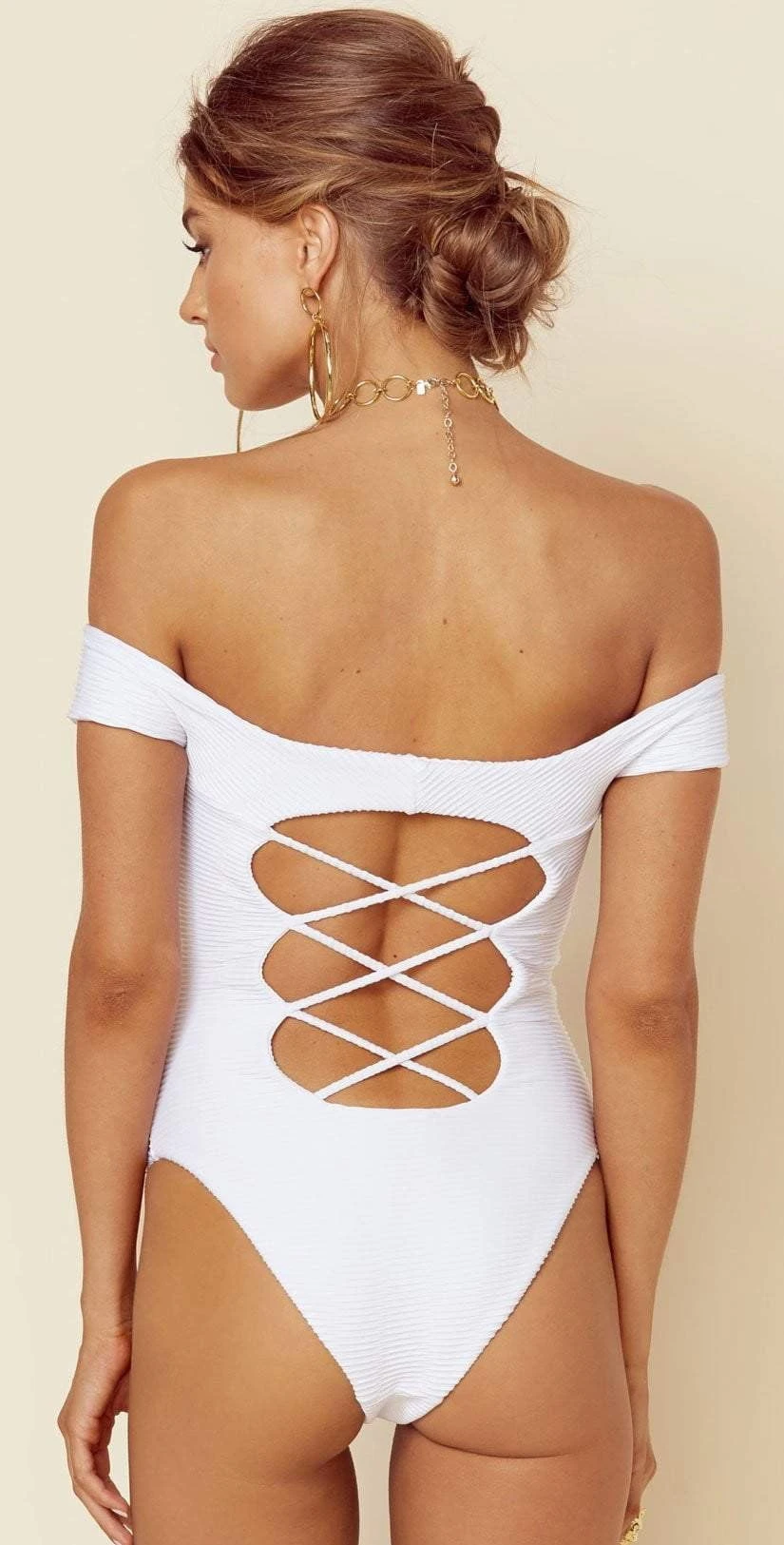 Blue Life Off Shoulder One Piece In White Jacquard 390-9466-WHT - Image 2