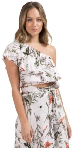 Elan Ruffled One Shoulder Crop Top In Pale Pink Botanical SCP1908-PPK-BO