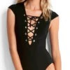 Seafolly Lace Up Cap Sleeve Maillot In Black 10744-058-BLACK
