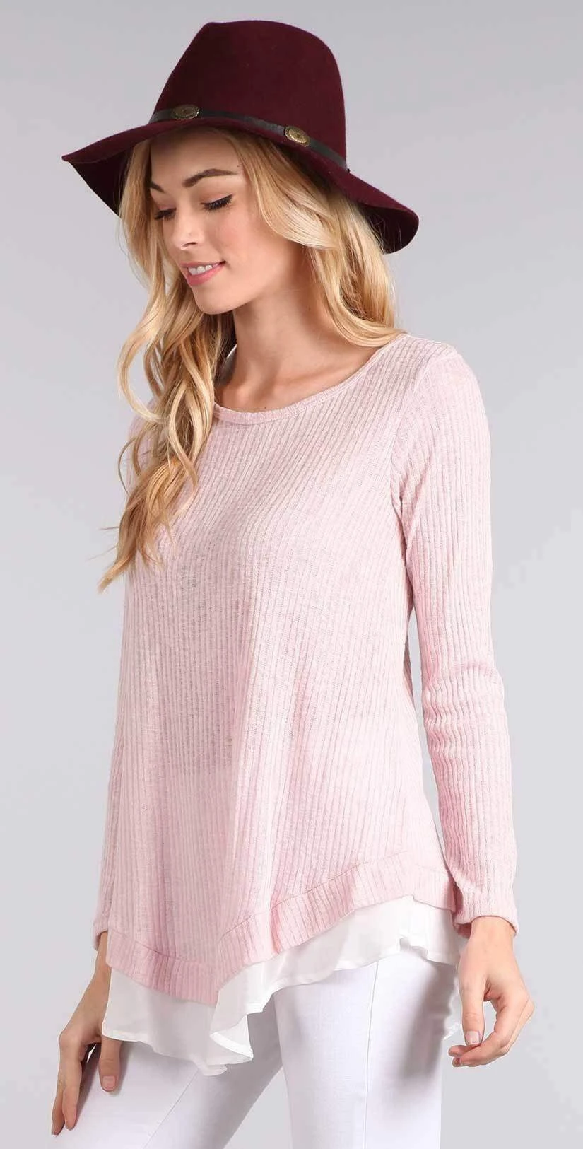 Chris And Carol Knit Sweater With Chiffon Detail In Pink 1601066T - Image 3