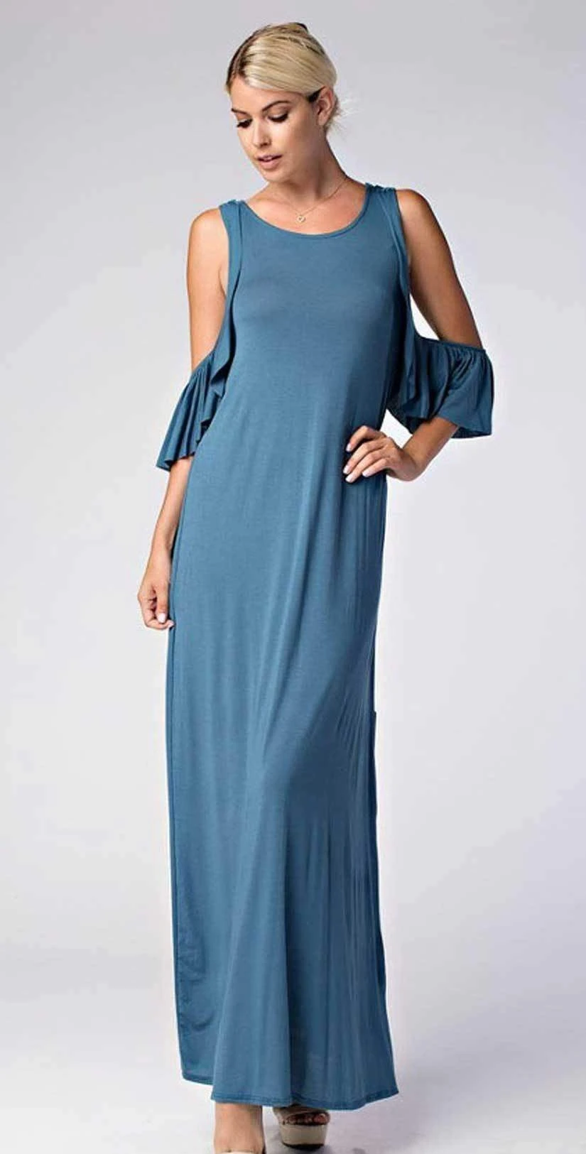Love In Cold Shoulder Round Neck Ruffle Maxi Dress D10278