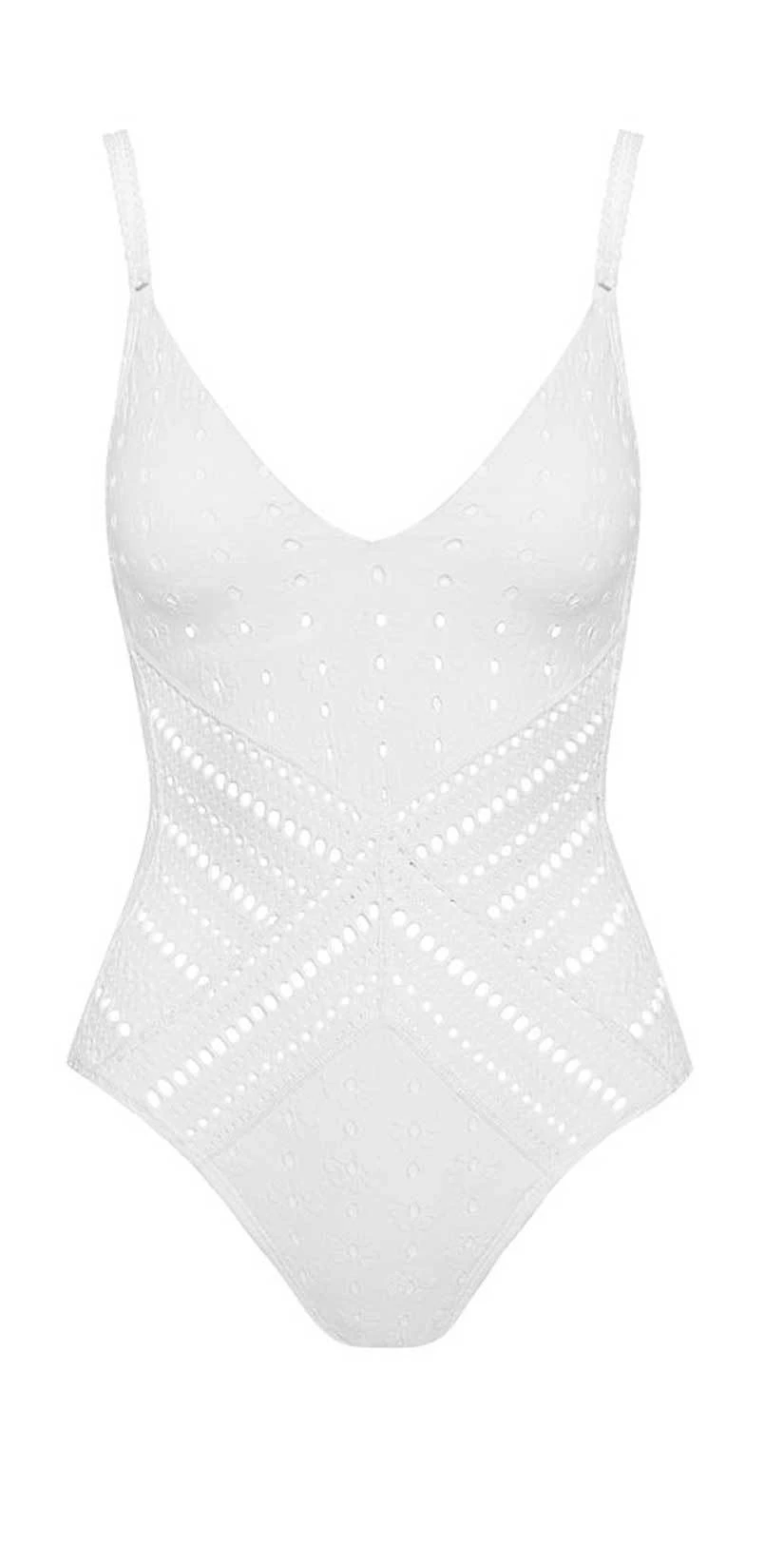 Robin Piccone Clarissa V Neck Crochet One Piece In White 180311-WHT - Image 3